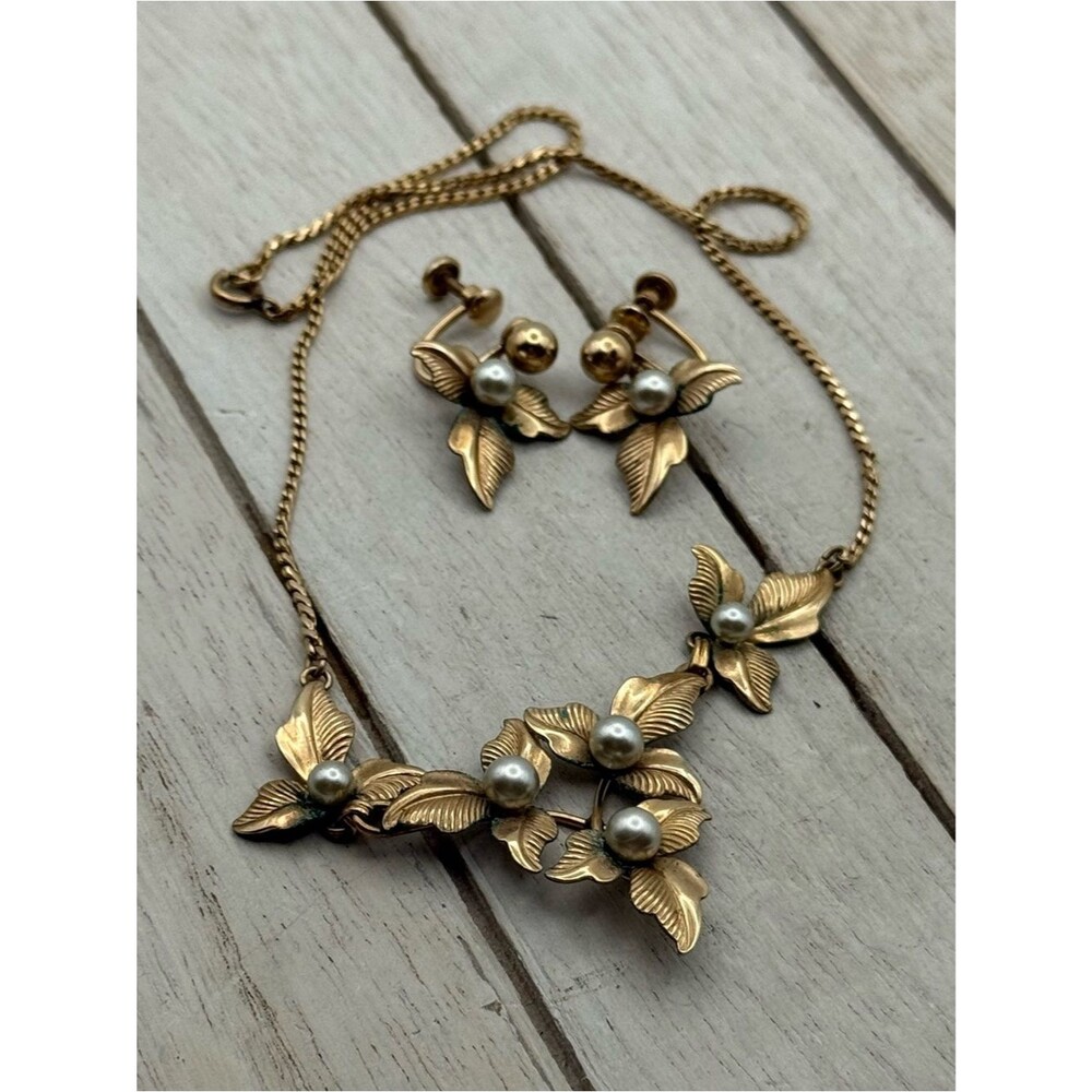 Vintage Van Dell 1/20-12kt GF Gold Floral Pearl Necklace and Earrings Set